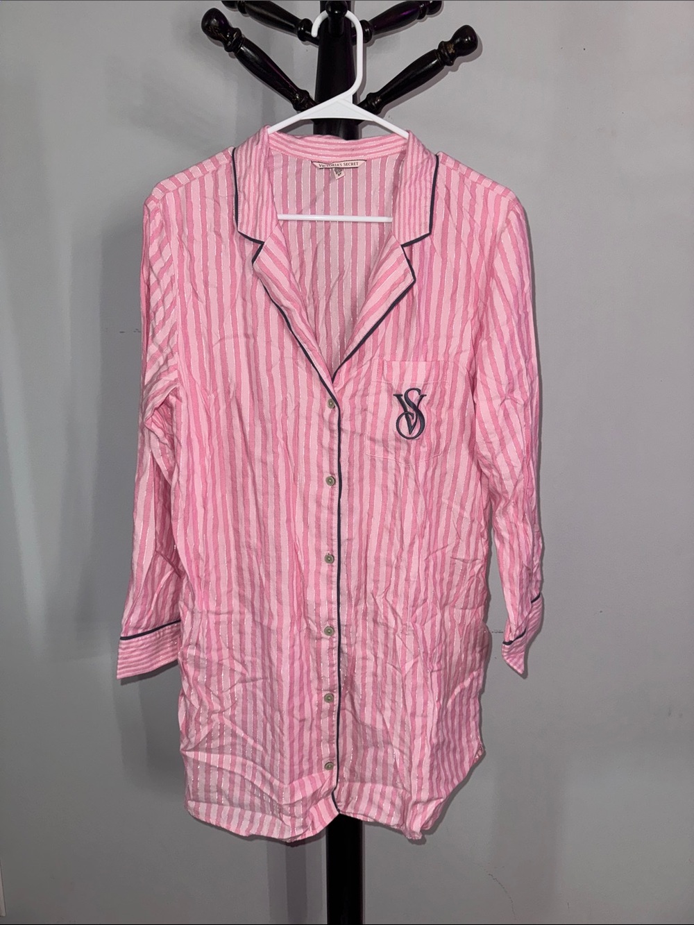 Victoria's Secret Pink Striped Button-Front Sleep Shirt with Contrast Trim 29.T